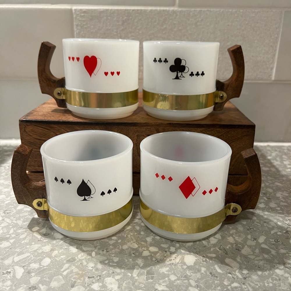 Vintage playing Card Themed White Mugs with Wooden Handles